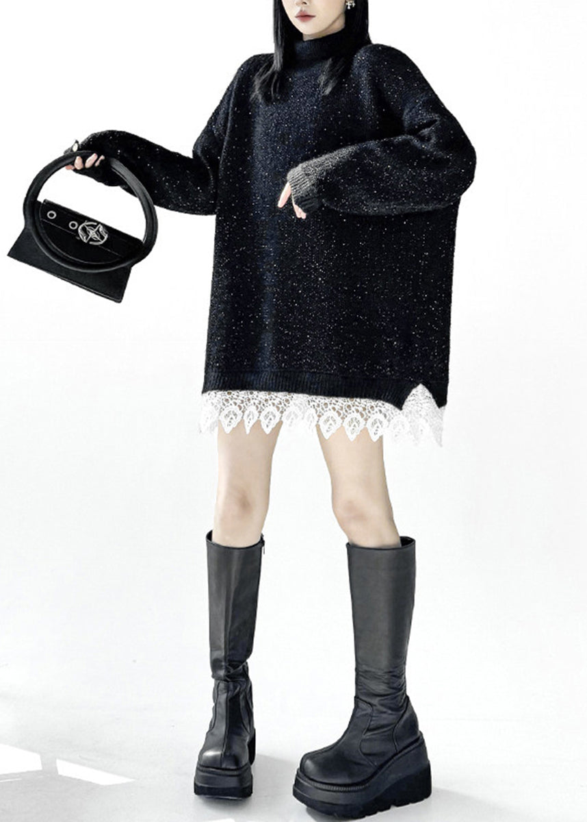 Casual Black Turtleneck Sequins Patchwork Lace Sweater Dress Fall