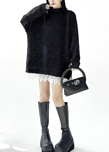 Casual Black Turtleneck Sequins Patchwork Lace Sweater Dress Fall