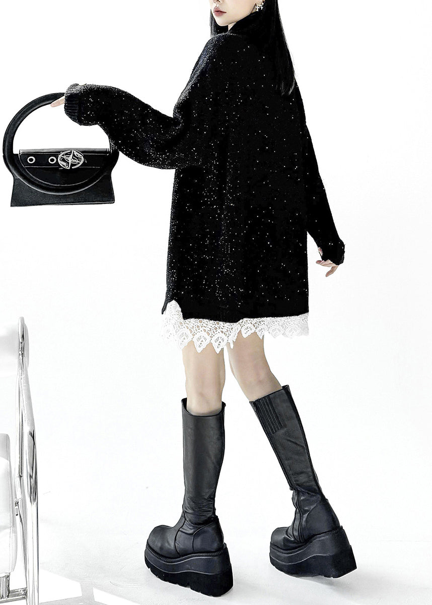 Casual Black Turtleneck Sequins Patchwork Lace Sweater Dress Fall