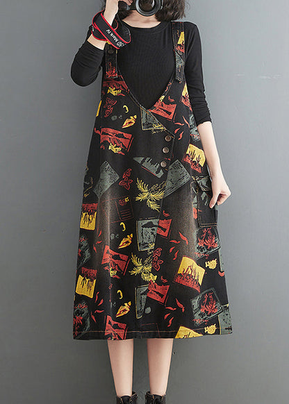 Casual Black V Neck Asymmetrical Button Print Strap Denim Dress Summer