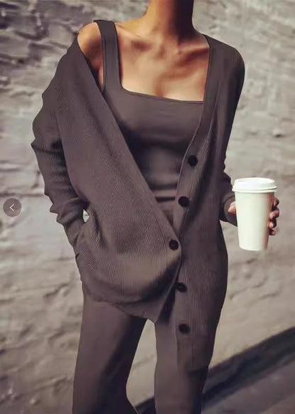 Casual Black V Neck Button Knit Three Pieces Set Fall