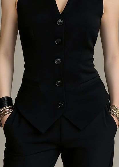Casual Black V Neck Button Top Summer