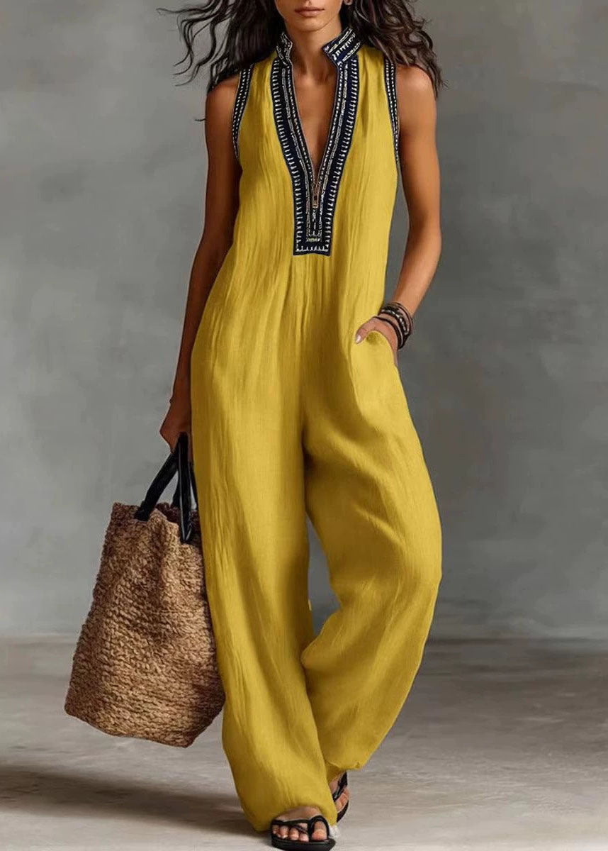 Casual Black V Neck Patchwork Cotton Jumpsuits Sleeveless