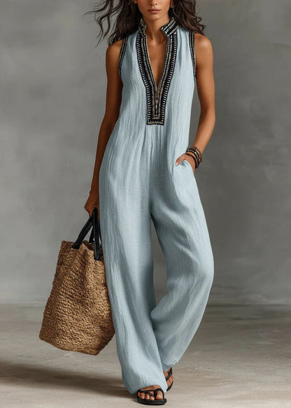 Casual Black V Neck Patchwork Cotton Jumpsuits Sleeveless