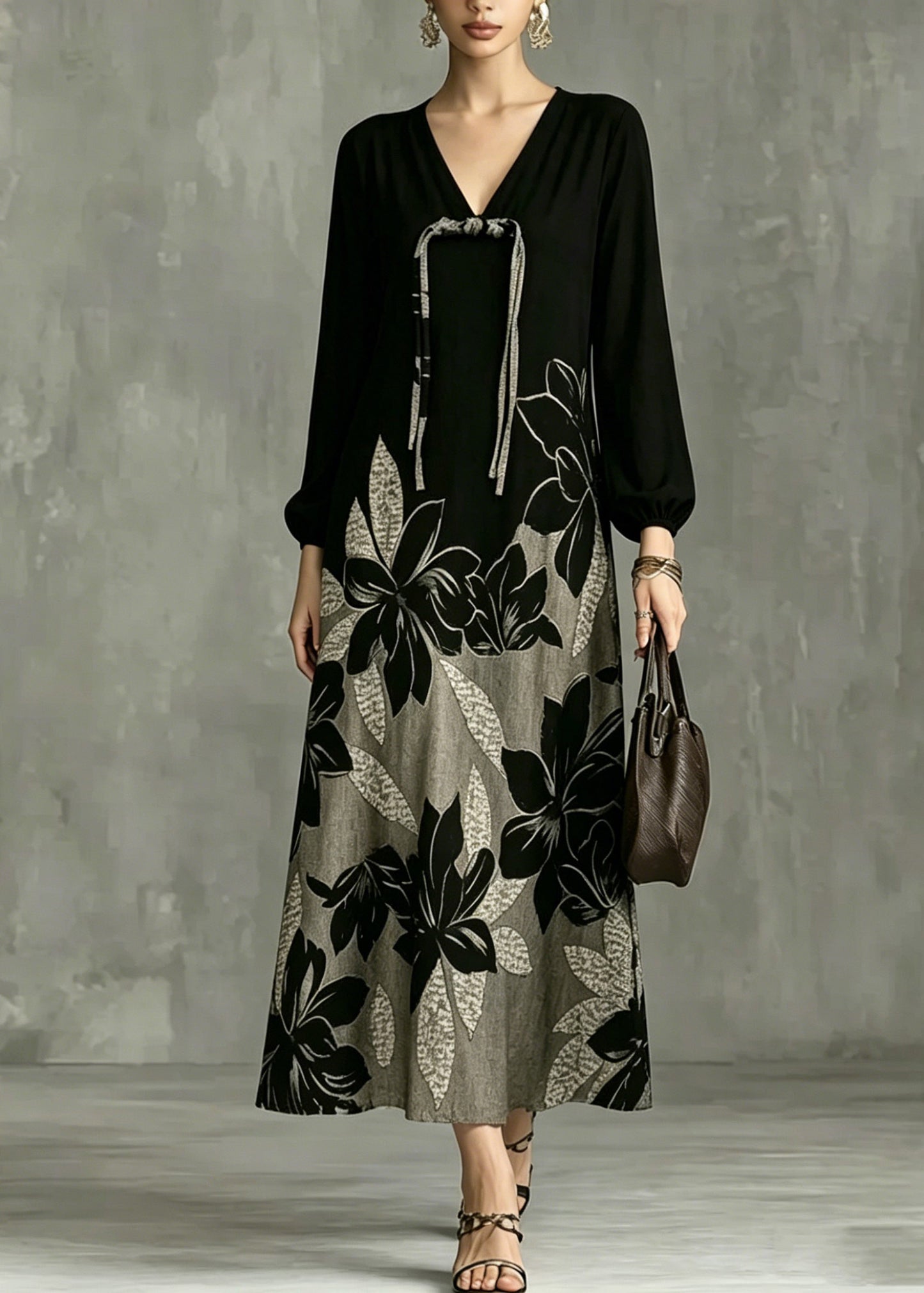 Casual Black V Neck Patchwork Vacation Long Dresses Lantern Sleeve