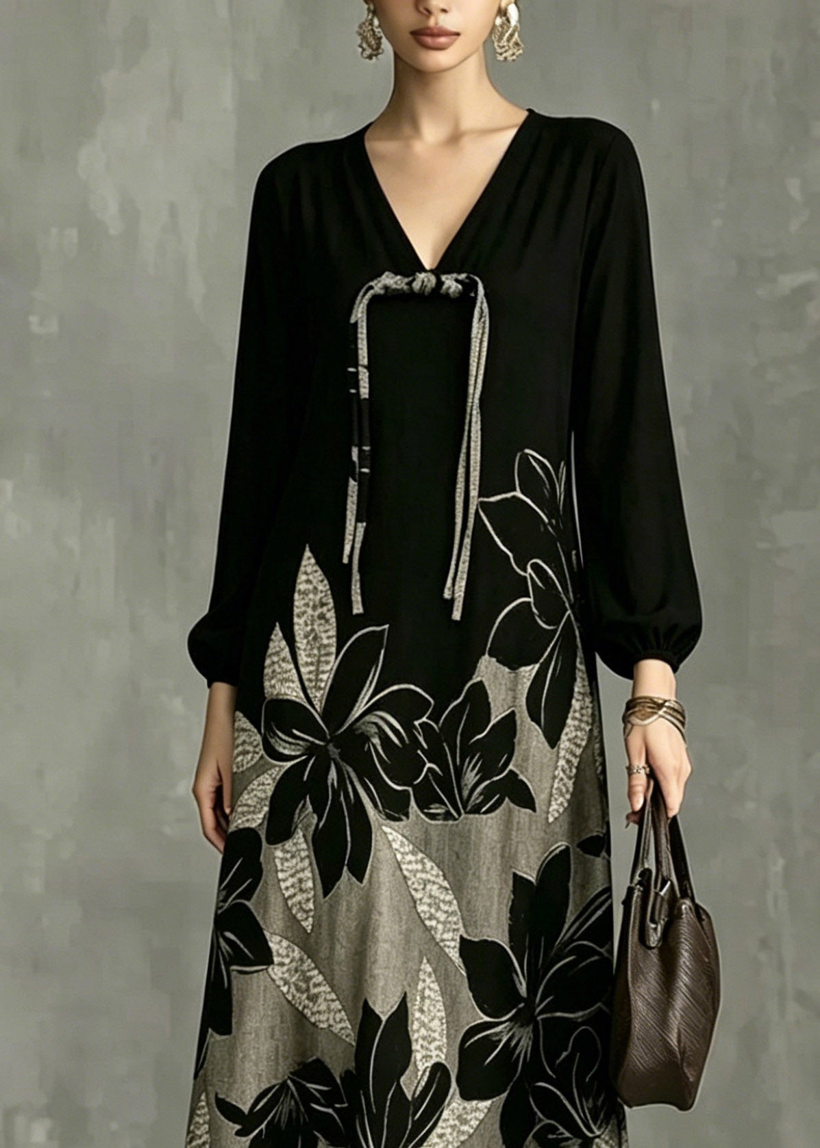Casual Black V Neck Patchwork Vacation Long Dresses Lantern Sleeve