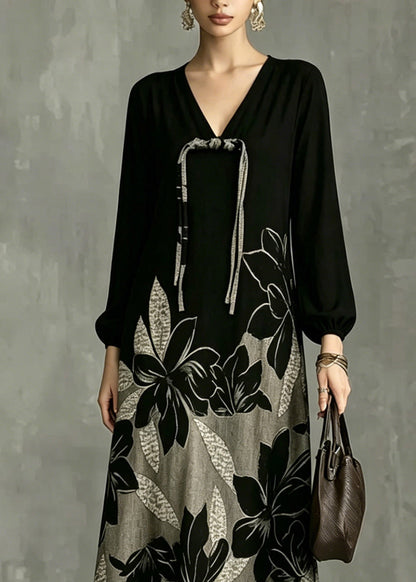 Casual Black V Neck Patchwork Vacation Long Dresses Lantern Sleeve