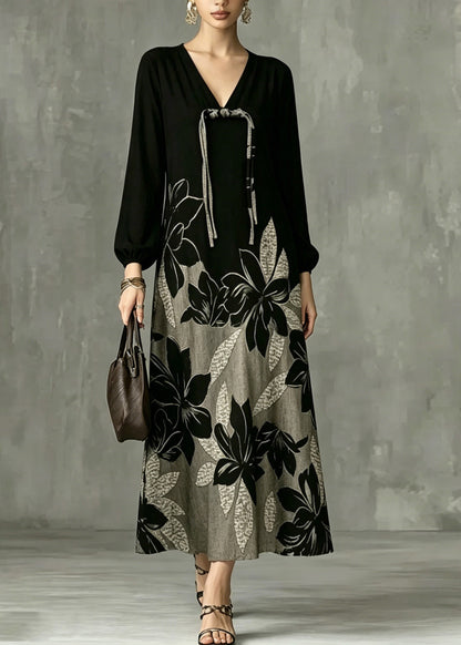 Casual Black V Neck Patchwork Vacation Long Dresses Lantern Sleeve