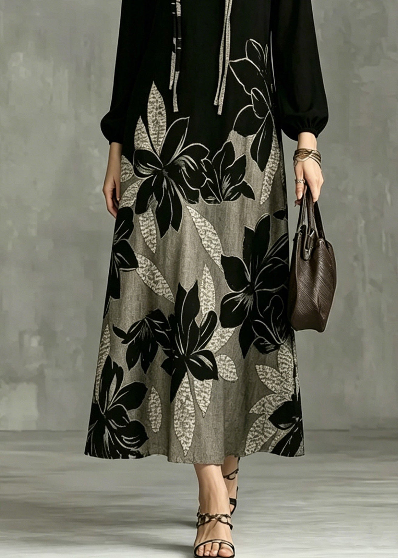Casual Black V Neck Patchwork Vacation Long Dresses Lantern Sleeve
