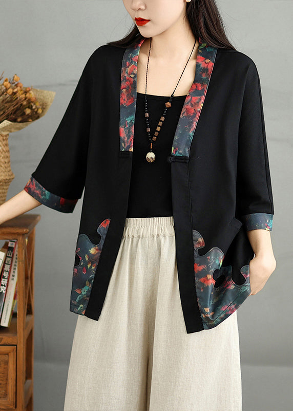 Casual Black V Neck Print Button Cotton Cardigans Fall