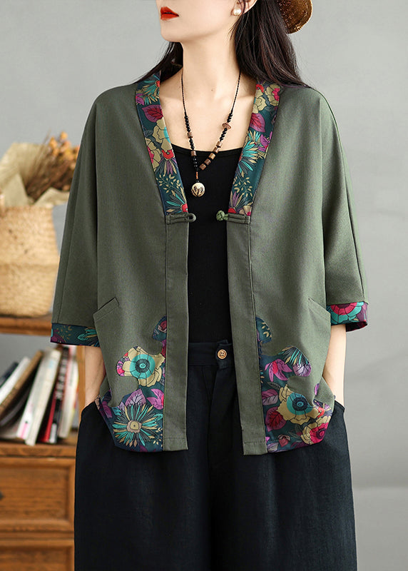 Casual Black V Neck Print Button Cotton Cardigans Fall