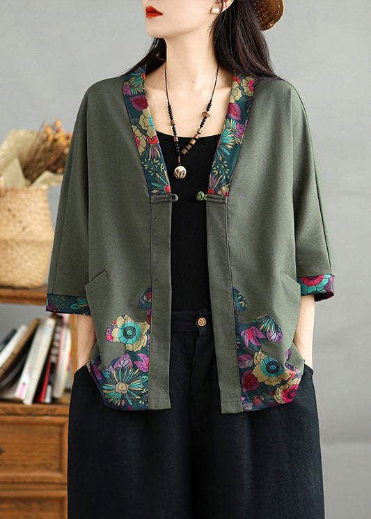 Casual Black V Neck Print Button Cotton Cardigans Fall