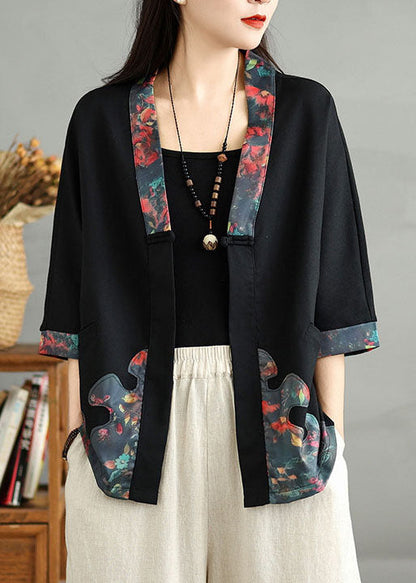 Casual Black V Neck Print Button Cotton Cardigans Fall
