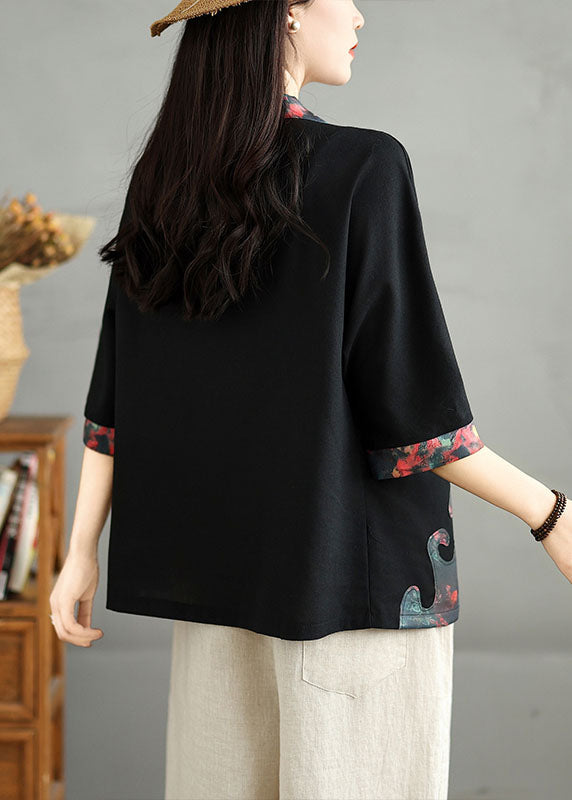 Casual Black V Neck Print Button Cotton Cardigans Fall