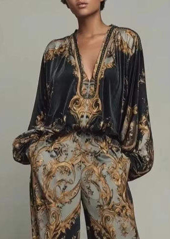 Casual Black V Neck Print Cotton Two Pieces Set Long Sleeve