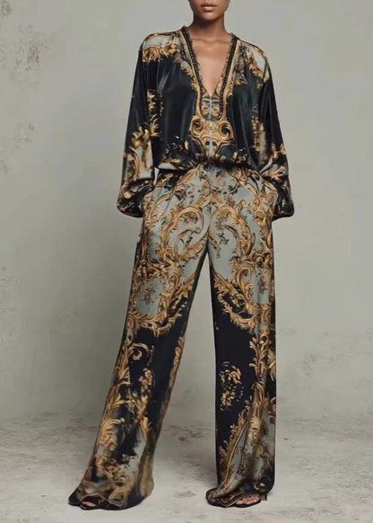 Casual Black V Neck Print Cotton Two Pieces Set Long Sleeve