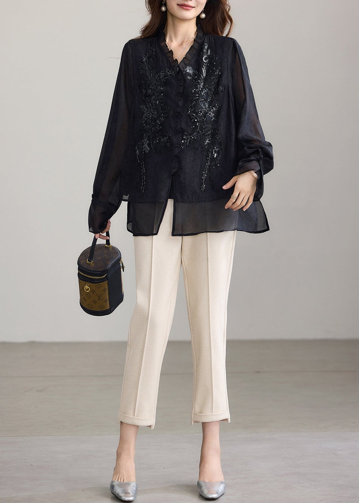 Casual Black V Neck Sequins Nail Bead Fake Two Piece Shirts Fall