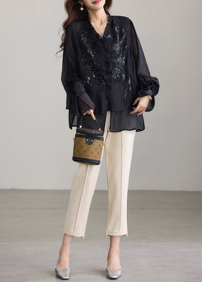 Casual Black V Neck Sequins Nail Bead Fake Two Piece Shirts Fall