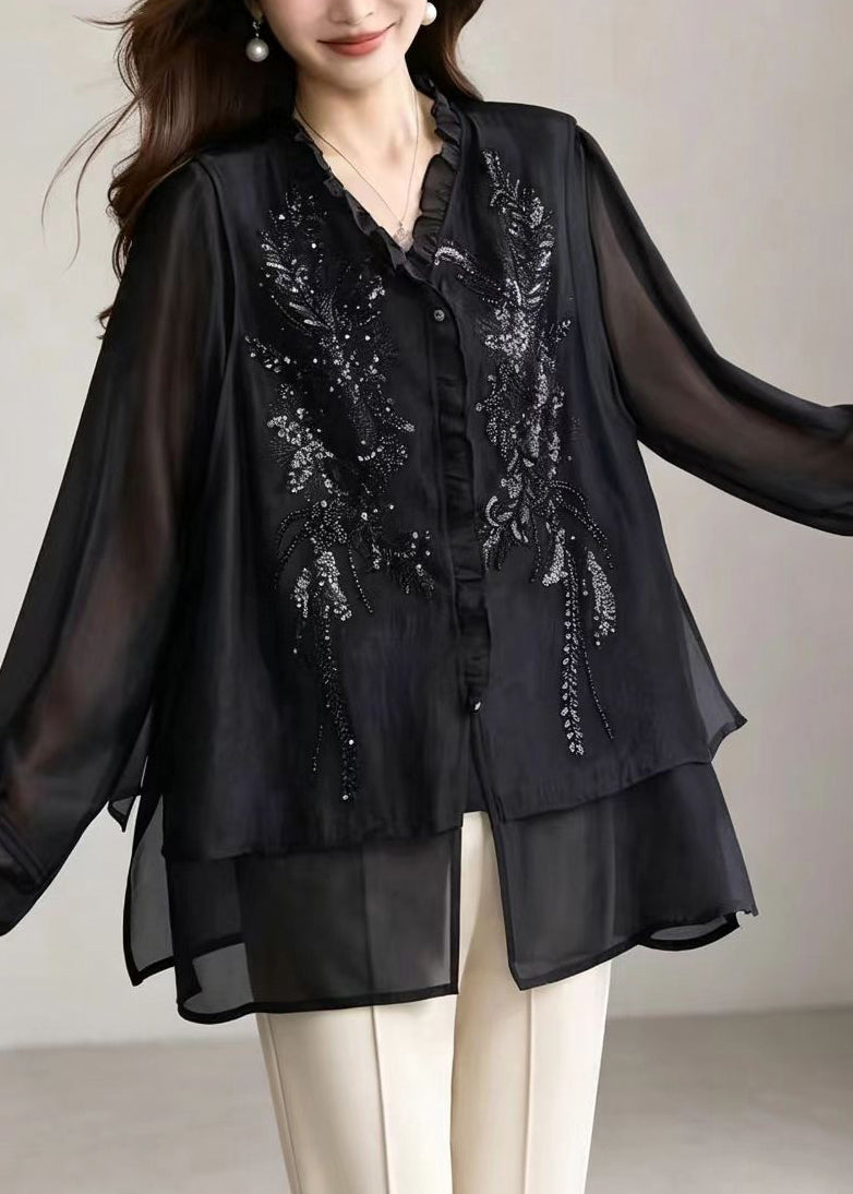 Casual Black V Neck Sequins Nail Bead Fake Two Piece Shirts Fall