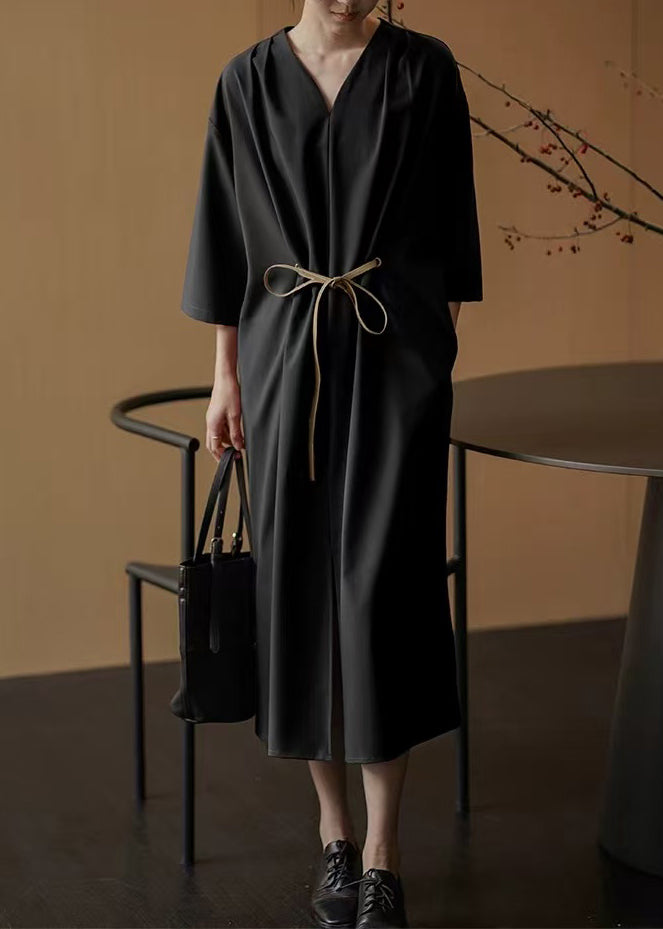 Casual Black V Neck Tie Waist Hem Slit Long Dresses Bracelet Sleeve