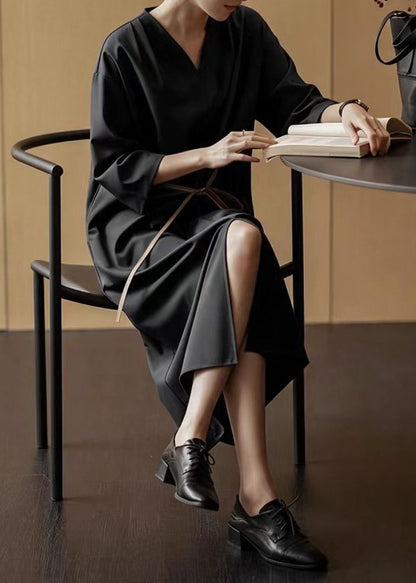 Casual Black V Neck Tie Waist Hem Slit Long Dresses Bracelet Sleeve