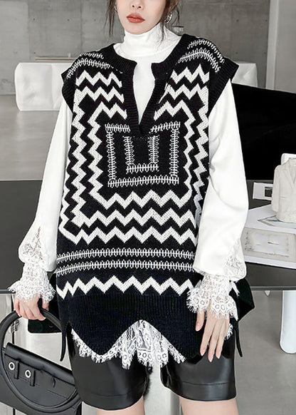 Casual Black White Print V Neck Asymmetrical Thick Cotton Knit Waistcoat Sleeveless