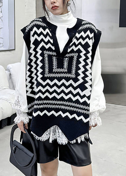 Casual Black White Print V Neck Asymmetrical Thick Cotton Knit Waistcoat Sleeveless