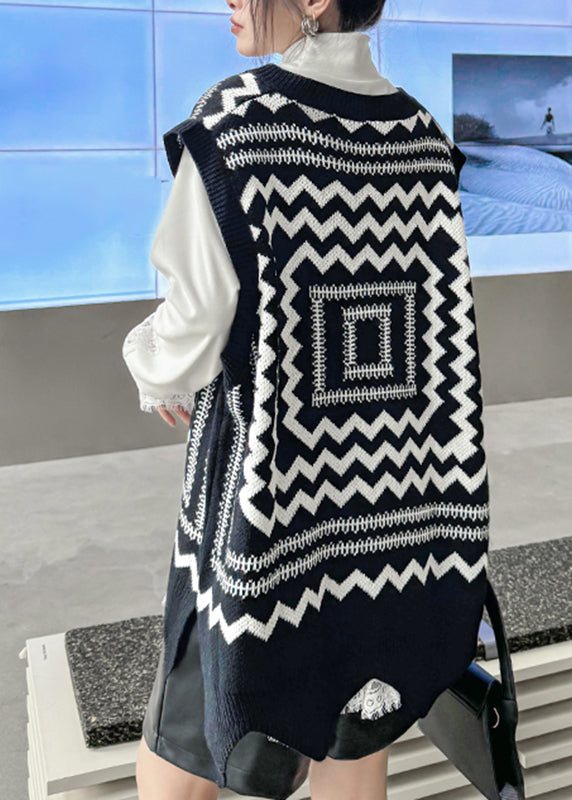 Casual Black White Print V Neck Asymmetrical Thick Cotton Knit Waistcoat Sleeveless