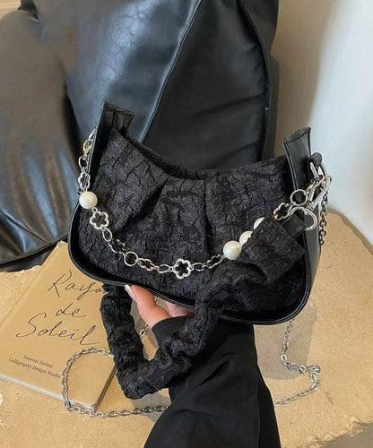 Casual Black Wrinkled Pearl Chain Linked Faux Leather Micro Bag