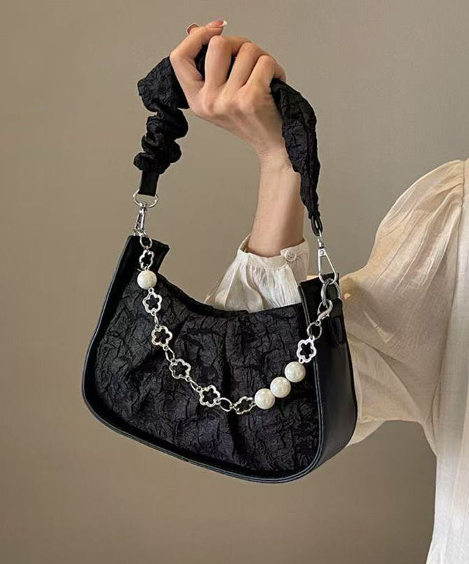 Casual Black Wrinkled Pearl Chain Linked Faux Leather Micro Bag