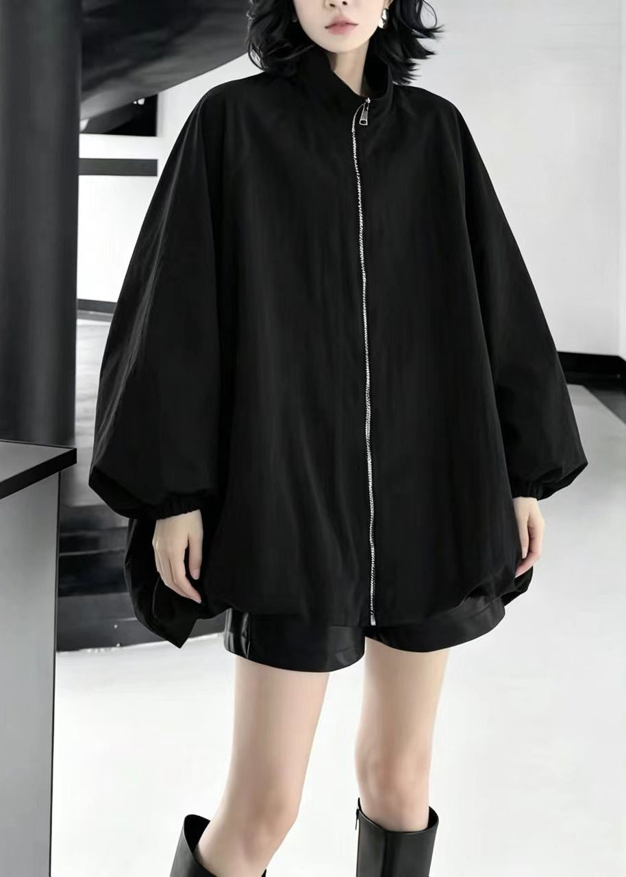 Casual Black Zip Up Stand Collar Oversized Jacket Fall