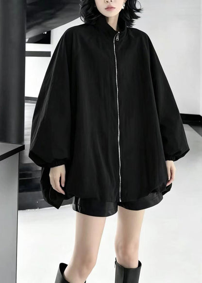 Casual Black Zip Up Stand Collar Oversized Jacket Fall