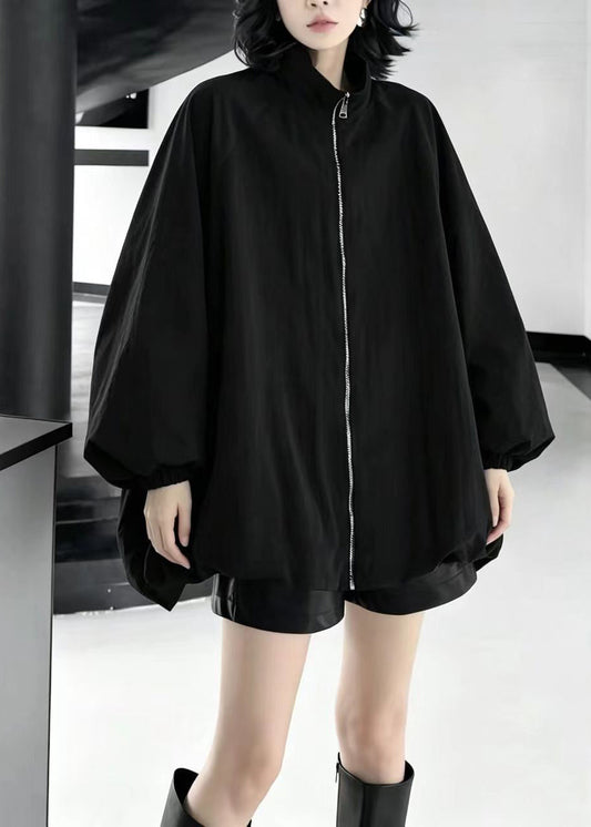 Casual Black Zip Up Stand Collar Oversized Jacket Fall