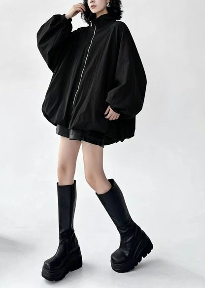 Casual Black Zip Up Stand Collar Oversized Jacket Fall