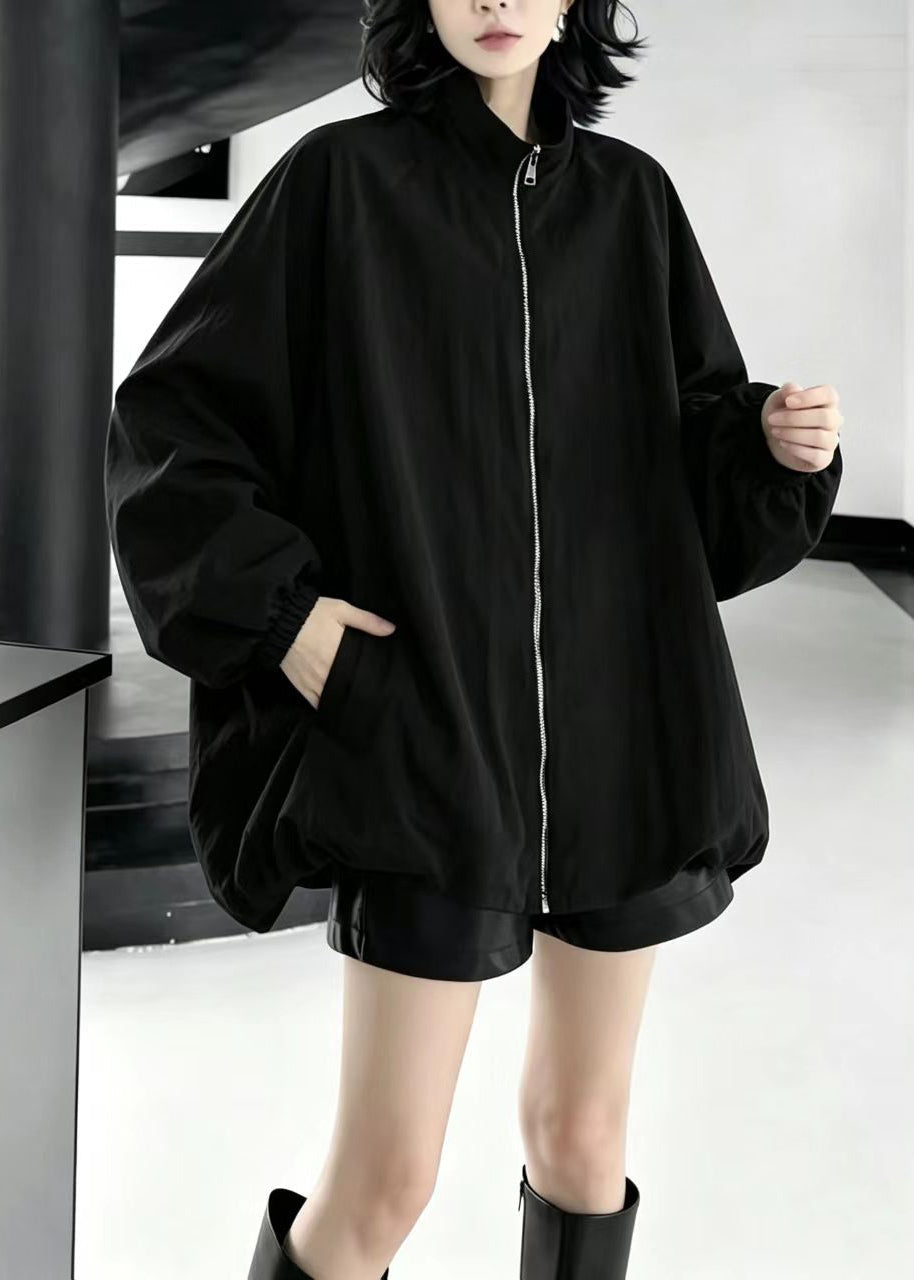 Casual Black Zip Up Stand Collar Oversized Jacket Fall