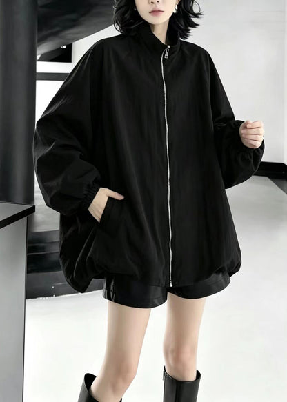 Casual Black Zip Up Stand Collar Oversized Jacket Fall