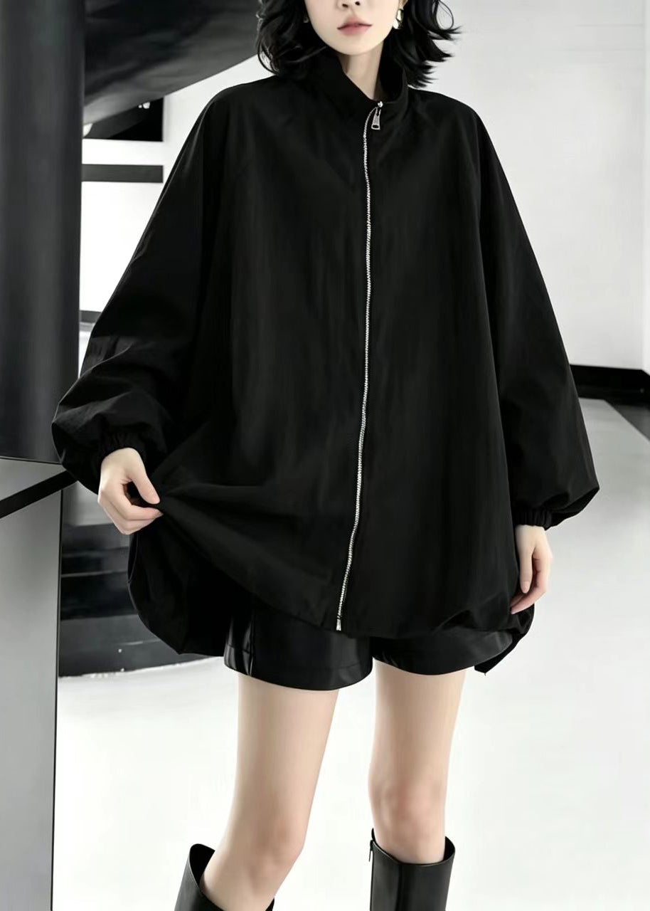 Casual Black Zip Up Stand Collar Oversized Jacket Fall