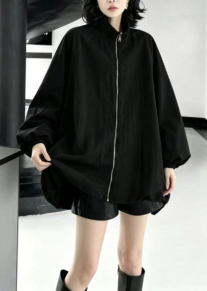 Casual Black Zip Up Stand Collar Oversized Jacket Fall