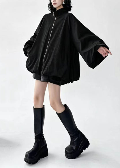 Casual Black Zip Up Stand Collar Oversized Jacket Fall