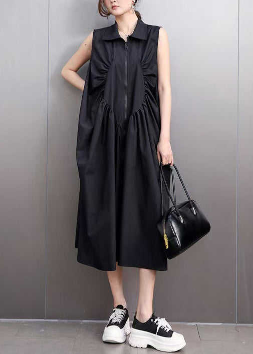 Casual Black Zip Up Wrinkled Cotton Maxi Dresses Sleeveless