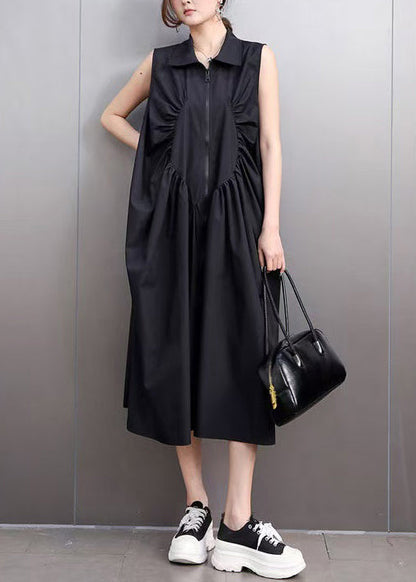 Casual Black Zip Up Wrinkled Cotton Maxi Dresses Sleeveless