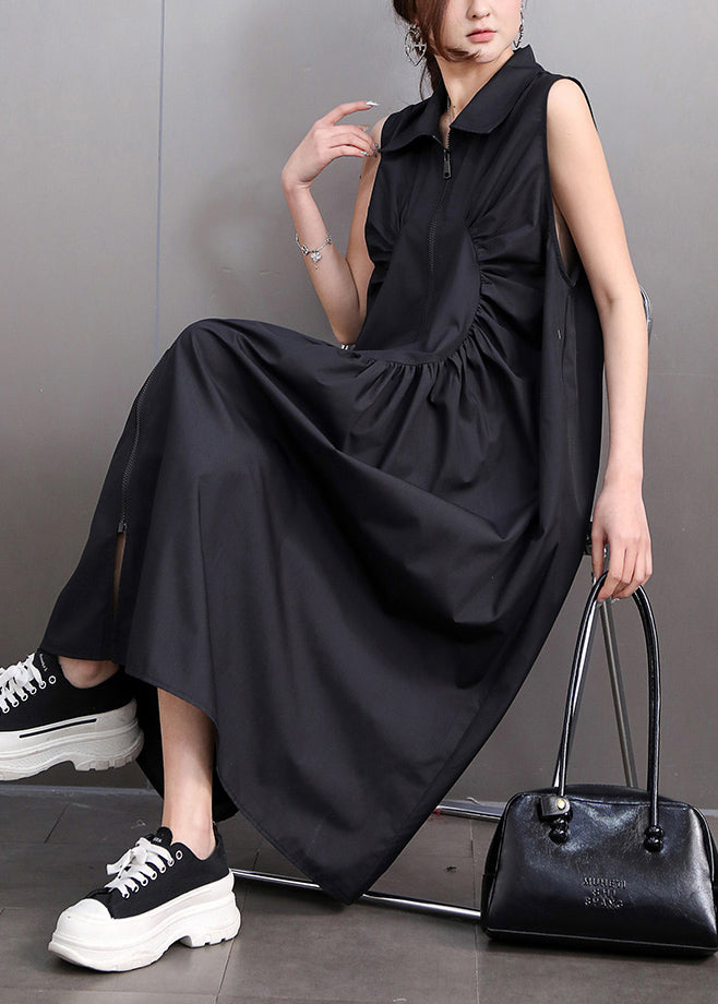 Casual Black Zip Up Wrinkled Cotton Maxi Dresses Sleeveless
