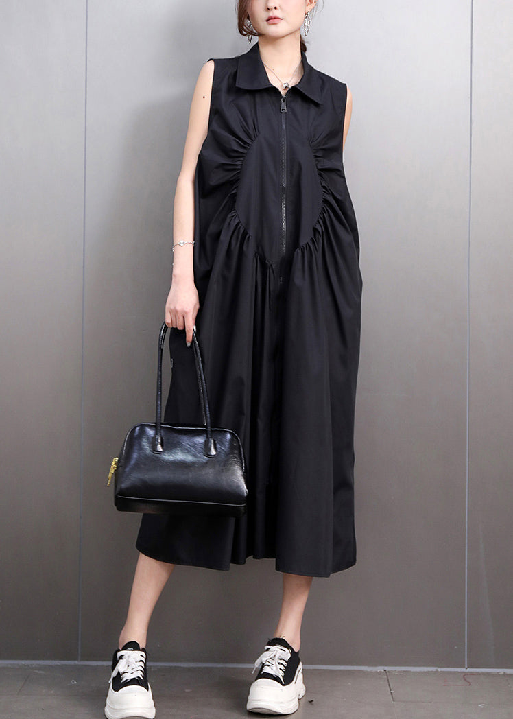 Casual Black Zip Up Wrinkled Cotton Maxi Dresses Sleeveless