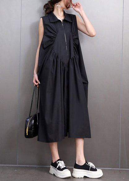 Casual Black Zip Up Wrinkled Cotton Maxi Dresses Sleeveless