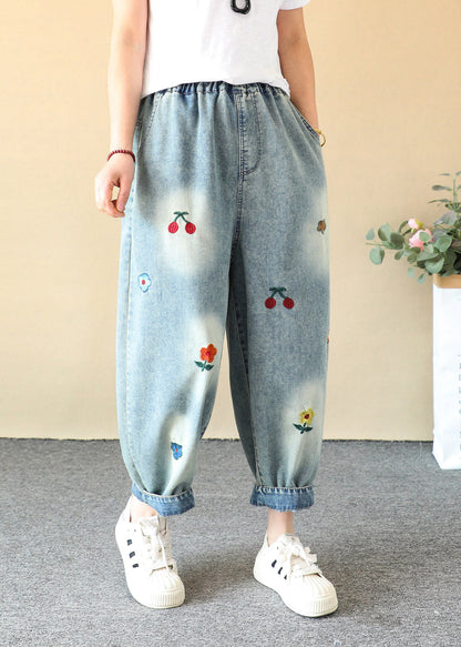 Casual Blue Cherry Embroidered Elastic Waist Crop Harem Jeans Summer