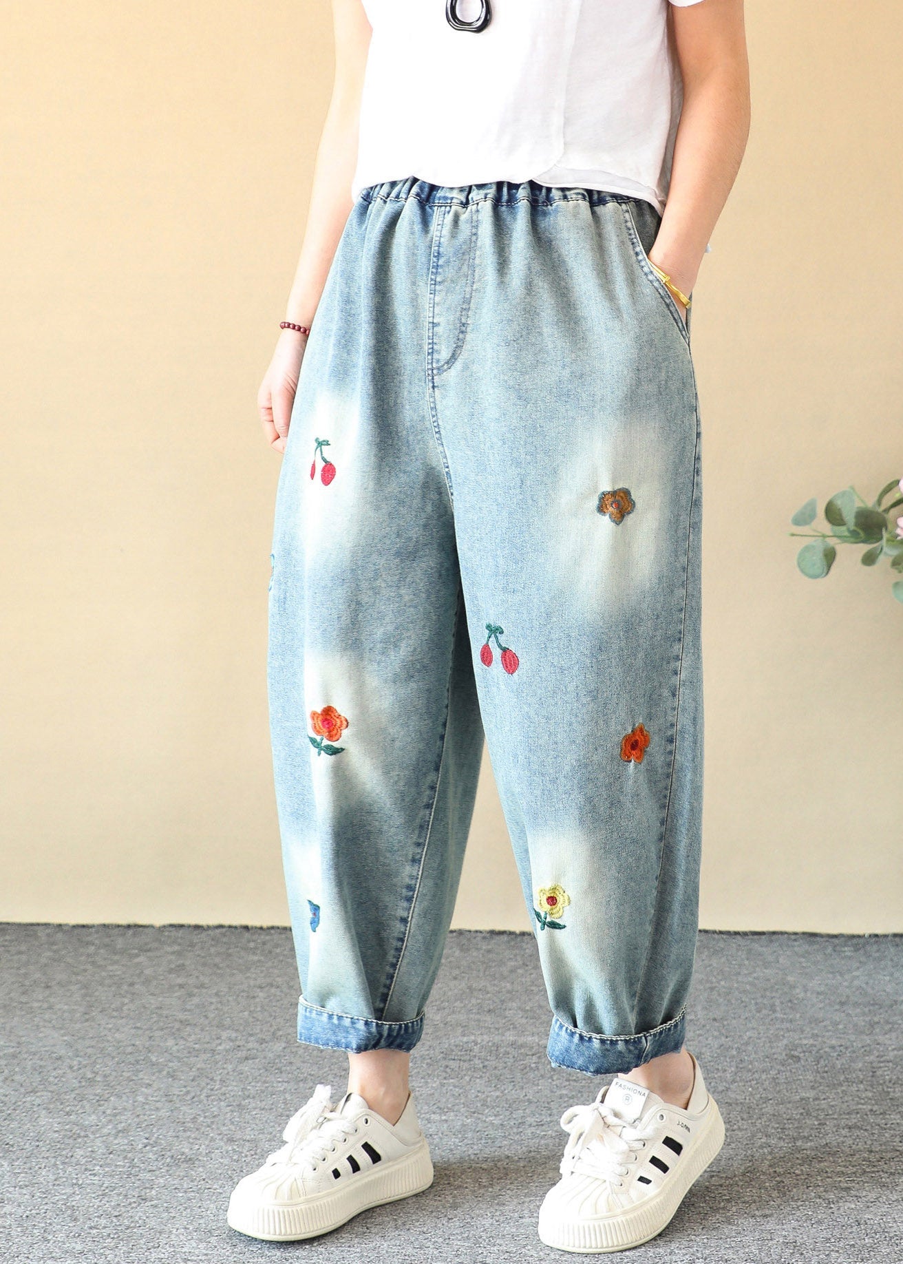 Casual Blue Cherry Embroidered Elastic Waist Crop Harem Jeans Summer