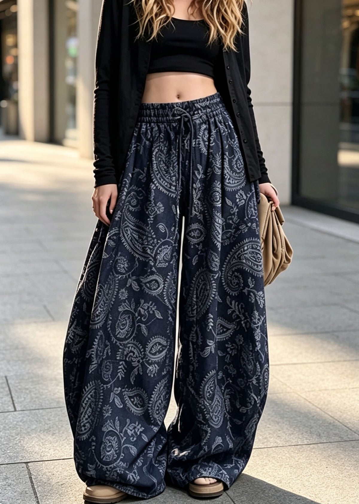 Casual Blue Elastic Waist Print Cotton Wide Leg Pants Fall
