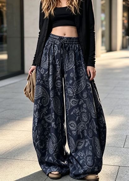 Casual Blue Elastic Waist Print Cotton Wide Leg Pants Fall