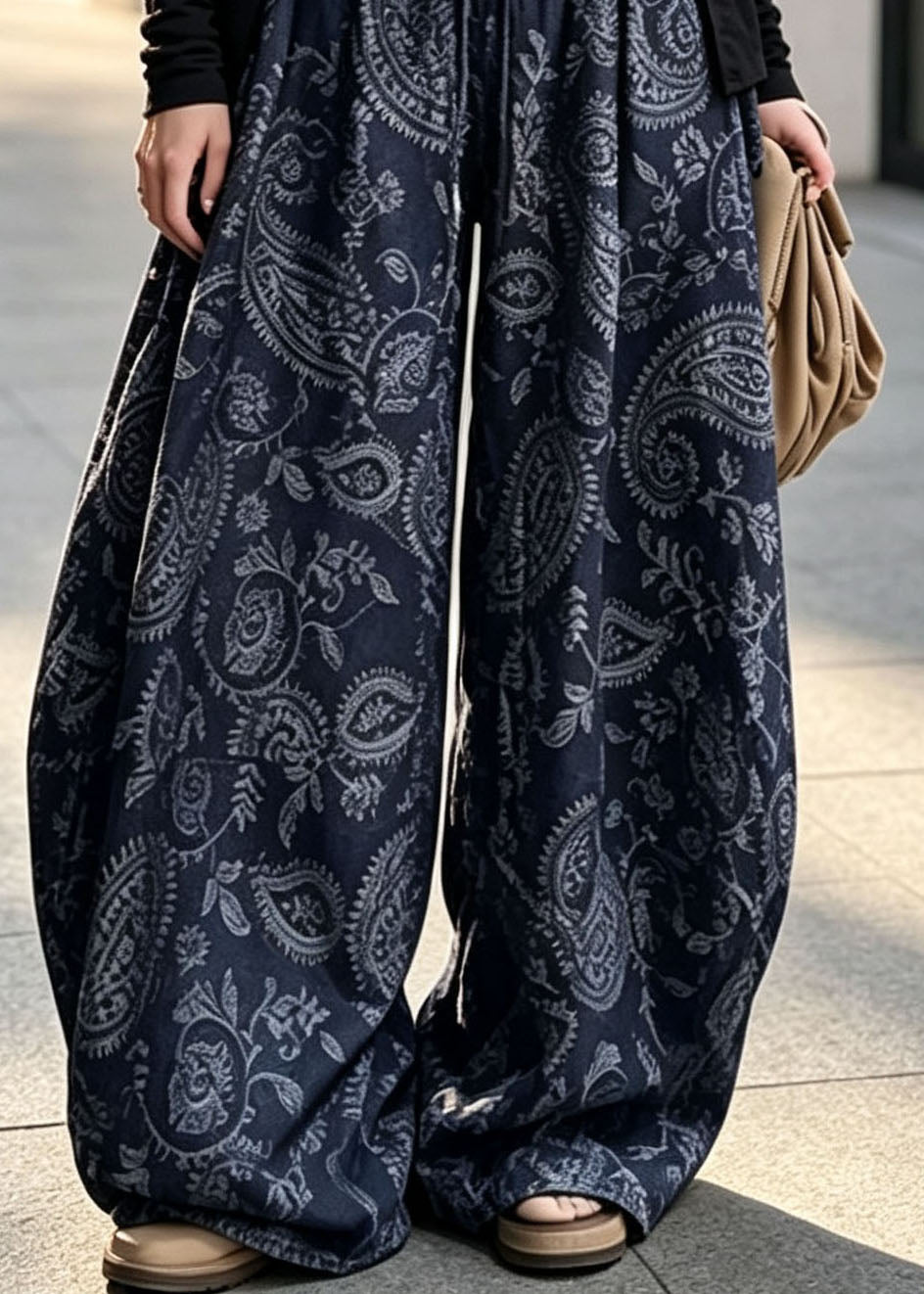 Casual Blue Elastic Waist Print Cotton Wide Leg Pants Fall