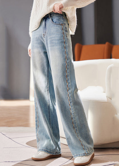 Casual Blue Embroidered Pockets Patchwork High Waist Straight Jeans Fall